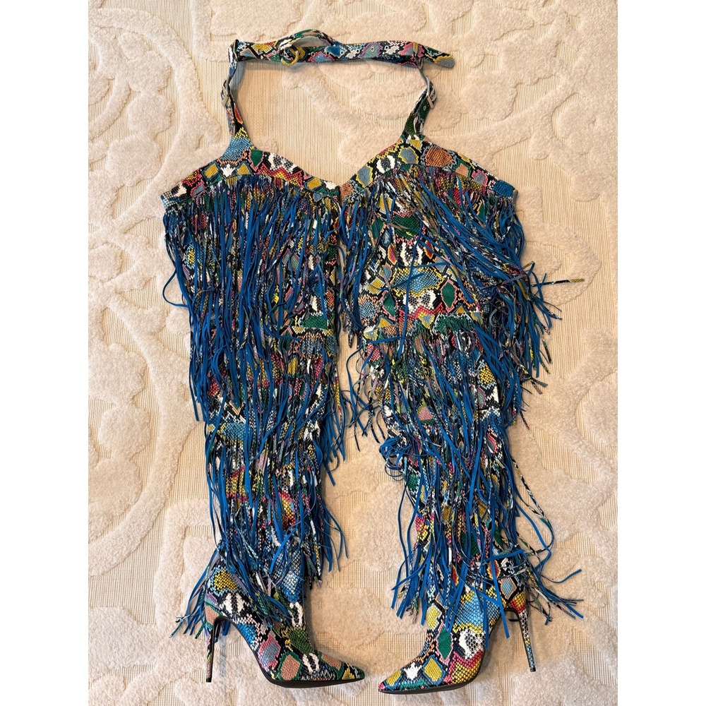 Cape Robbin Multi Color Snakeskin Fringe Chap Stiletto Thigh High Boots Size 8